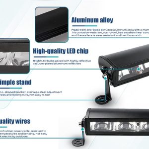 75W Single Row 4 Lens Led Work Light Bar Product Details English detail graphic showing aluminum alloy housing, LED chip reference, simple stand, and wiring references.