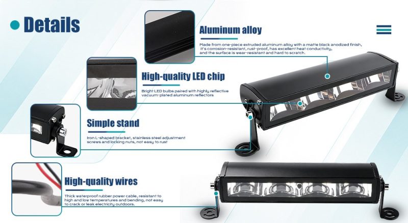75W Single Row 4 Lens Led Work Light Bar Product Details English detail graphic showing aluminum alloy housing, LED chip reference, simple stand, and wiring references.