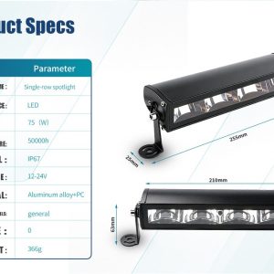 75W Single Row 4 Lens Led Work Light Bar Specs Dimensions English source spec graphic showing 75W, 12-24V, IP67, aluminum alloy + PC, 255mm overall length reference, and 366g weight reference.