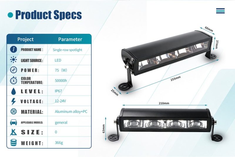 75W Single Row 4 Lens Led Work Light Bar Specs Dimensions English source spec graphic showing 75W, 12-24V, IP67, aluminum alloy + PC, 255mm overall length reference, and 366g weight reference.