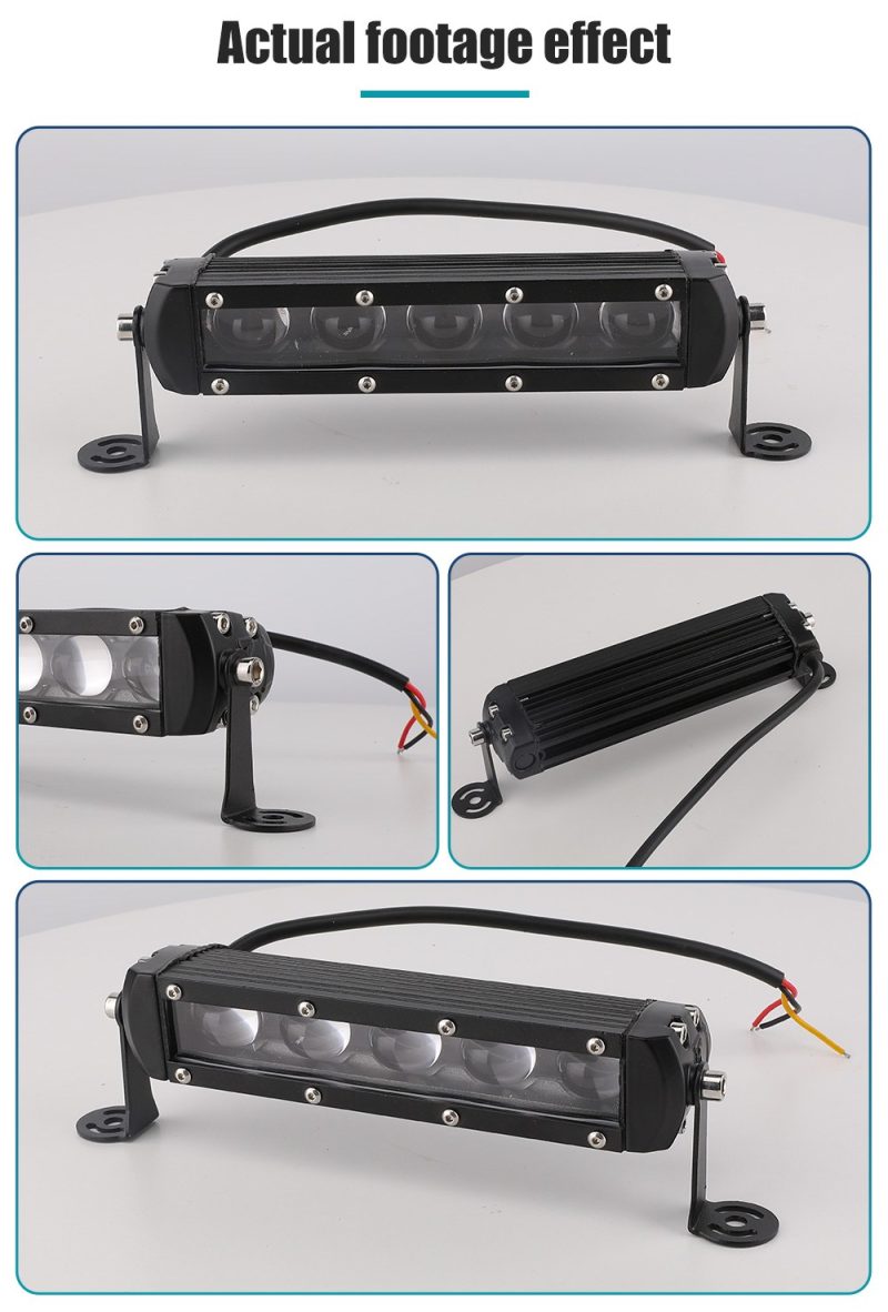 75W Single Row 5 Lens Led Work Light Bar Actual Footage Actual product footage composite showing front, side, rear housing, bracket, and wiring views.