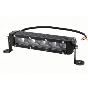 75W Single Row 5 Lens Led Work Light Bar Angled Angled view showing the slim housing, five lens layout, side mount, and wiring.