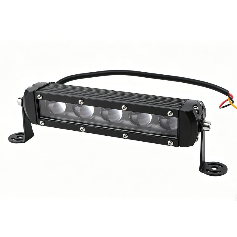 75W Single Row 5 Lens Led Work Light Bar Angled Angled view showing the slim housing, five lens layout, side mount, and wiring.