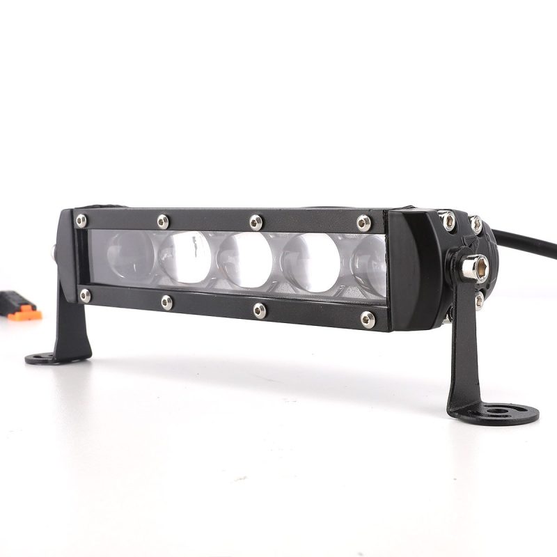75W Single Row 5 Lens Led Work Light Bar Close View Close view of the lens face and L-shaped mounting bracket.