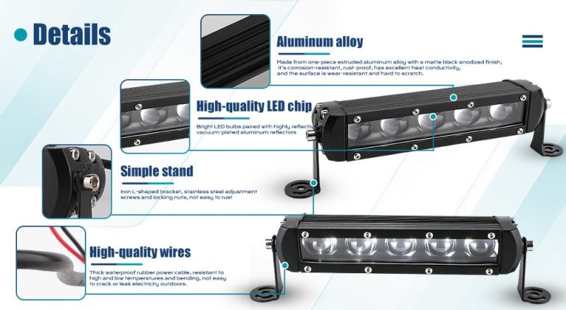 75W Single Row 5 Lens Led Work Light Bar Product Details English detail graphic showing aluminum alloy housing, LED chip reference, simple stand, and wiring references.