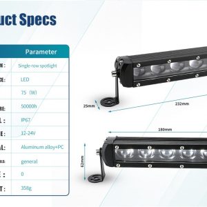 75W Single Row 5 Lens Led Work Light Bar Specs Dimensions English source spec graphic showing 75W, 12-24V, IP67, aluminum alloy + PC, 232 x 62 x 40 mm, and 358 g references.