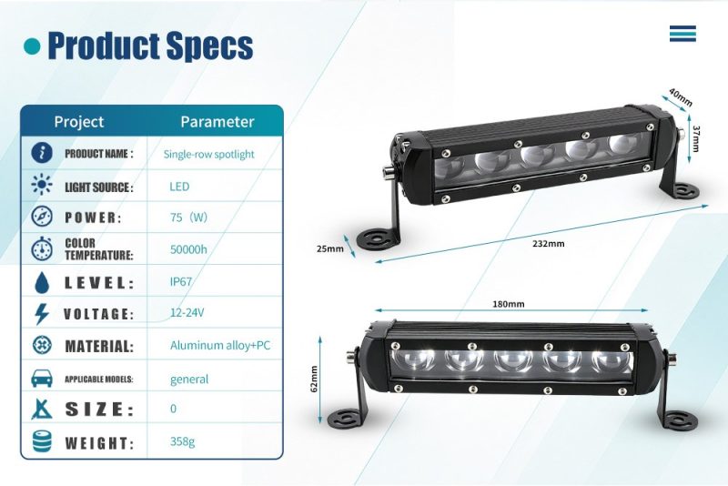 75W Single Row 5 Lens Led Work Light Bar Specs Dimensions English source spec graphic showing 75W, 12-24V, IP67, aluminum alloy + PC, 232 x 62 x 40 mm, and 358 g references.