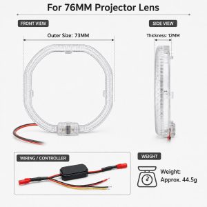 76Mm Projector Lens Dual Color Light Guide Angel Eye Dimensions Dimension reference showing 73 mm outer size, 12 mm thickness, wiring/controller, and approx. 44.5 g weight.