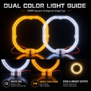 76Mm Projector Lens Dual Color Light Guide Angel Eye Feature Overview English feature overview showing white DRL, amber turn signal, and even bright output references.