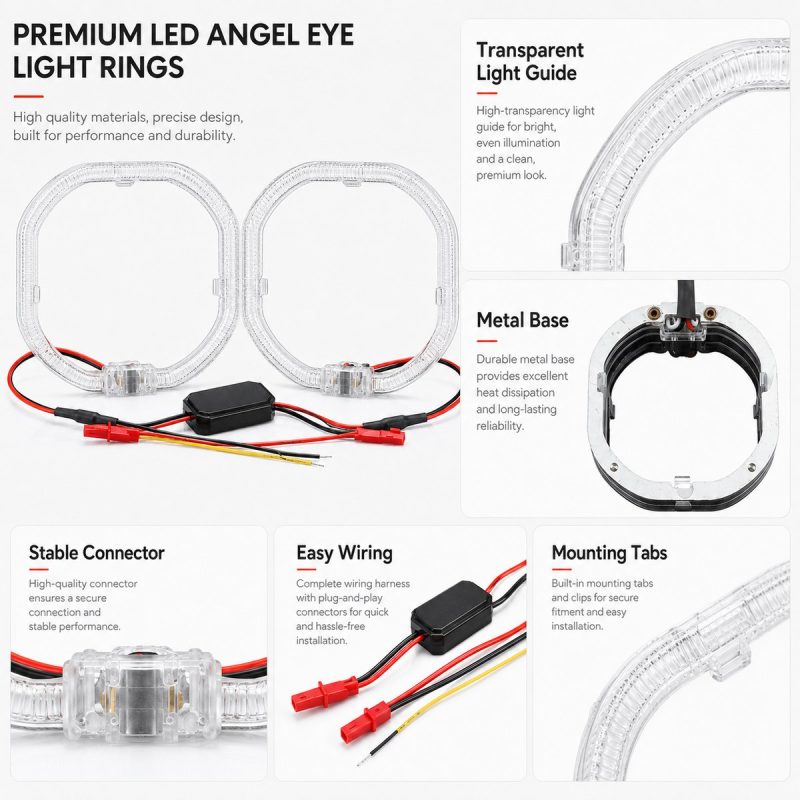 76Mm Projector Lens Dual Color Light Guide Angel Eye Material Connector Material and connector overview showing transparent light guide, metal base, stable connector, easy wiring, and mounting tabs.