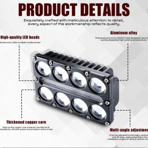 8 Bead Three Row Led Auxiliary Spotlight Details English product-detail graphic showing LED bead, aluminum alloy housing, copper core, and multi-angle adjustment references.