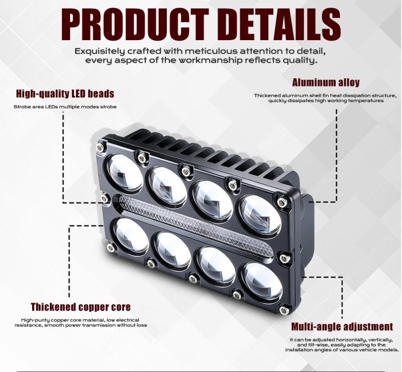 8 Bead Three Row Led Auxiliary Spotlight Details English product-detail graphic showing LED bead, aluminum alloy housing, copper core, and multi-angle adjustment references.