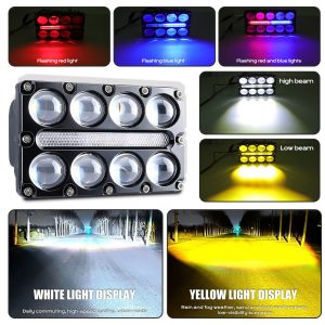 8 Bead Three Row Led Auxiliary Spotlight Light Effects Light-effect reference showing red/blue flashing views plus white and yellow beam display from supplied source image.