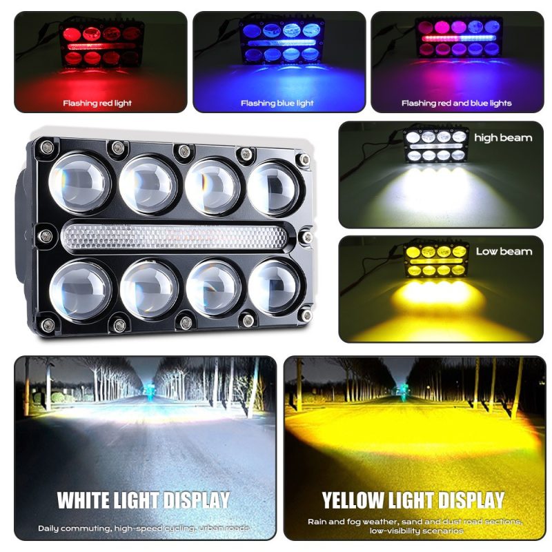 8 Bead Three Row Led Auxiliary Spotlight Light Effects Light-effect reference showing red/blue flashing views plus white and yellow beam display from supplied source image.