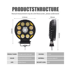 8007 Round Angel Eye Led Work Light Source Specification Source specification graphic showing dimensions, 12-24V, aluminum alloy+PC, IP68, and service-life reference.