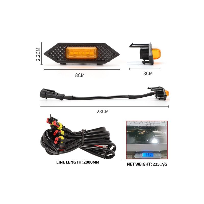 80Mm Rectangular Amber Led Grille Marker Light Dimensions Source dimension graphic showing 8cm, 2.2cm, 3cm, 23cm, 2000mm line length, and 225.7g references.