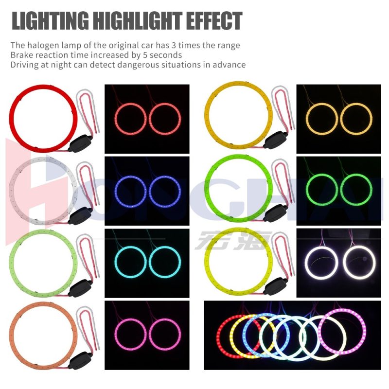 80Mm Seven Color Cob Led Angel Eye Halo Ring Lighting Colors Source graphic showing red, yellow, blue, green, ice blue, white, and pink color references.