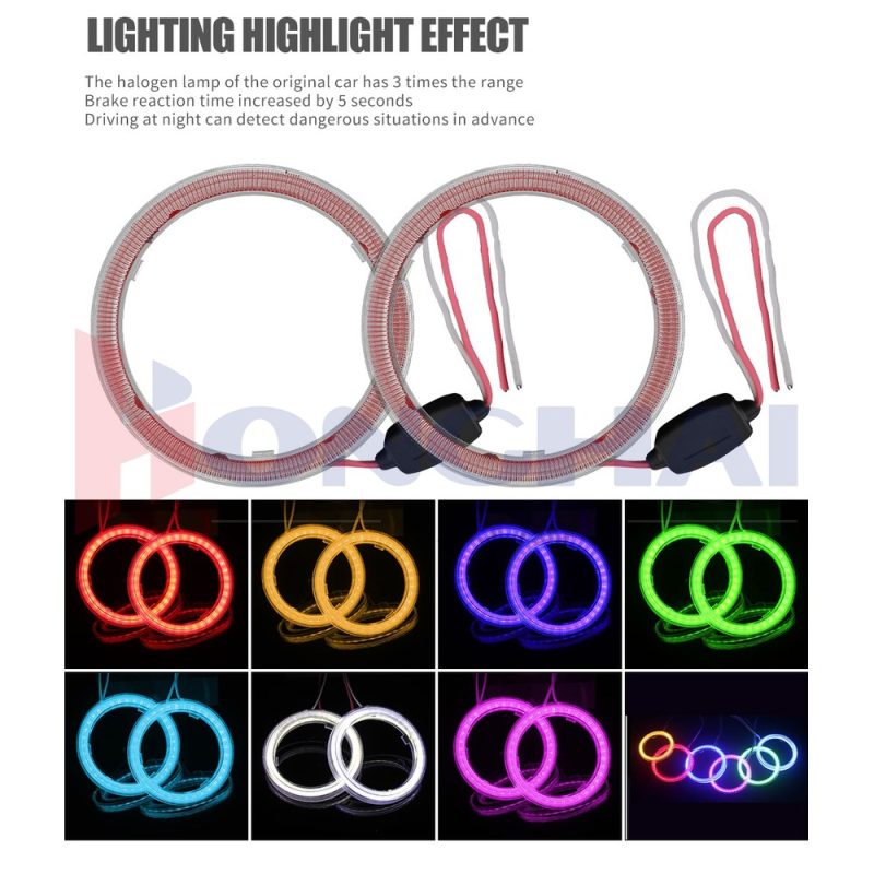 83Mm Transparent Cover Led Angel Eye Halo Ring Lighting Colors Source graphic showing red, yellow, blue, green, ice blue, white, and pink color references.