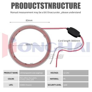 83Mm Transparent Cover Led Angel Eye Halo Ring Source Specifications Source specification graphic with 83mm/68mm dimensions, 3000mm cord, 12-24V, PC, life, and IP68 wording.
