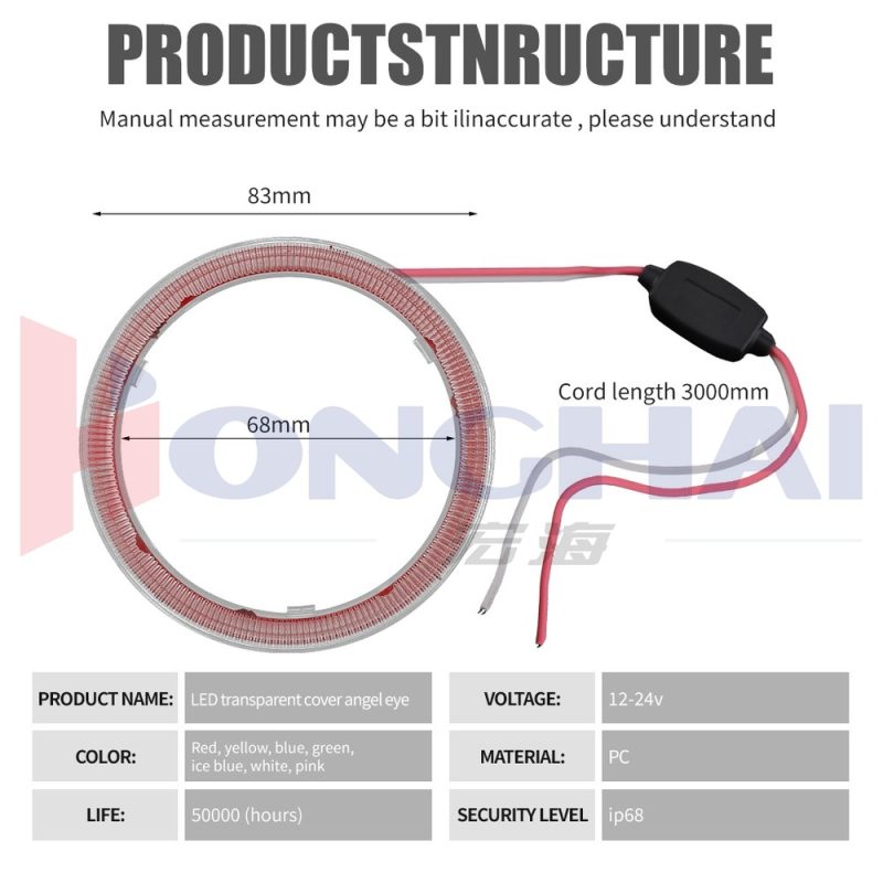 83Mm Transparent Cover Led Angel Eye Halo Ring Source Specifications Source specification graphic with 83mm/68mm dimensions, 3000mm cord, 12-24V, PC, life, and IP68 wording.