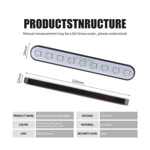 9 Bead Colorful Led Decorative Brake Light Pair 12V 24V Ip68 05 Source Structure Specification Source structure image with 120mm, 12-24V, PC mirror, life, and IP68 wording.
