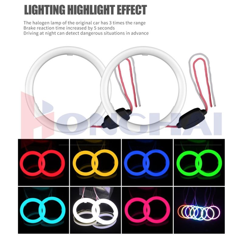 93Mm Cotton Light Led Angel Eye Halo Ring Lighting Colors Source graphic showing red, yellow, blue, green, ice blue, white, and pink color references.