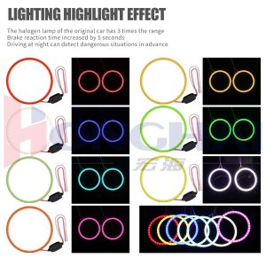 93Mm Seven Color Cob Led Angel Eye Halo Ring Lighting Colors Source graphic showing red, yellow, blue, green, ice blue, white, and pink color references.