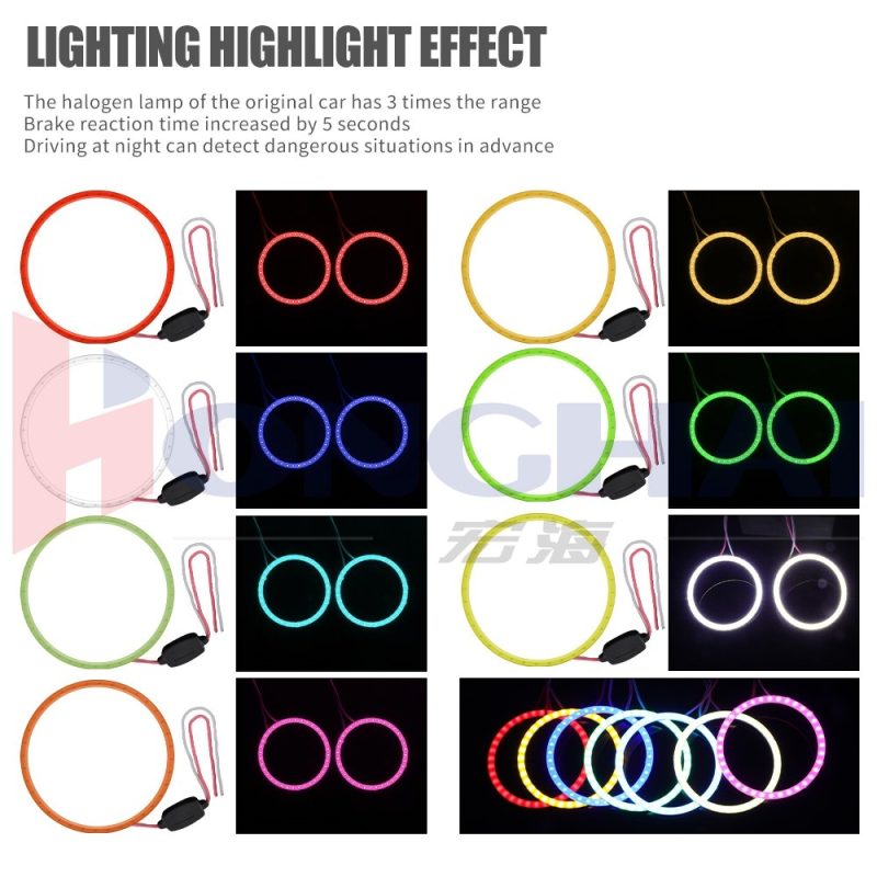 93Mm Seven Color Cob Led Angel Eye Halo Ring Lighting Colors Source graphic showing red, yellow, blue, green, ice blue, white, and pink color references.
