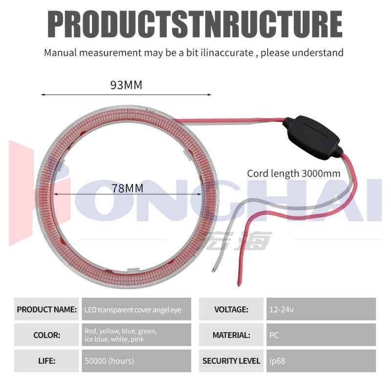 93Mm Transparent Cover Led Angel Eye Halo Ring Source Specifications Source specification graphic with 93mm/78mm dimensions, 3000mm cord, 12-24V, PC, life, and IP68 wording.