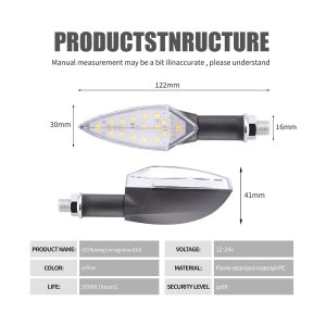 Ac 0101 Yellow Bullet Motorcycle Led Flow Turn Signal 04 Source Specification Graphic Source structure image showing dimensions, voltage, material, IP68 reference, and service-life reference.