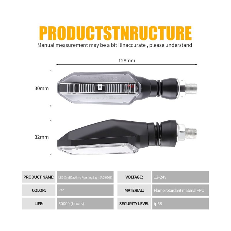 Ac 0266 Red Oval Motorcycle Led Drl Turn Signal Specs Source specification graphic showing 12-24V voltage, red color reference, 128mm length, and IP68 reference.