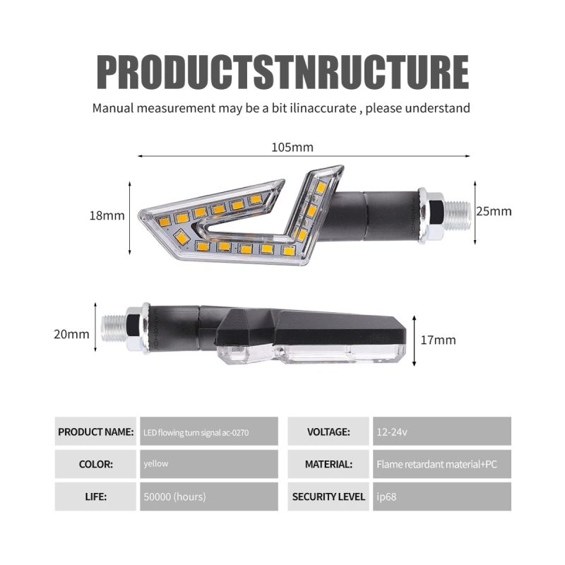 Ac 0270 Yellow Arrow Motorcycle Led Flow Turn Signal 04 Source Specification Graphic Source structure image showing dimensions, voltage, material, IP68 reference, and service-life reference.
