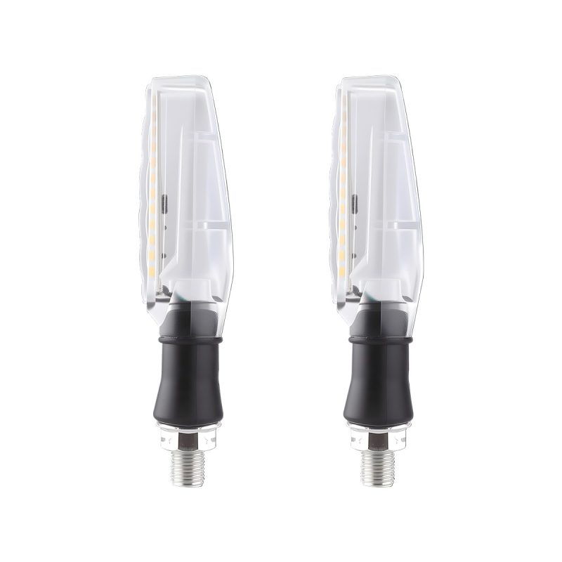 Ac 0802 Clear Lens Motorcycle Led Drl Turn Signal 02 Front Clear Lens Product Pair Front product pair view showing the clear long lens housing.