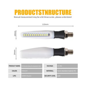 Ac 0832 Vertical Motorcycle Led Drl Turn Signal Specs Source specification graphic showing 12-24V voltage, iridescent color reference, 110mm length, 18mm front height, 24mm body height, and IP68 reference
