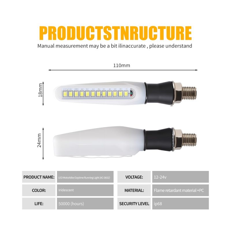 Ac 0832 Vertical Motorcycle Led Drl Turn Signal Specs Source specification graphic showing 12-24V voltage, iridescent color reference, 110mm length, 18mm front height, 24mm body height, and IP68 reference