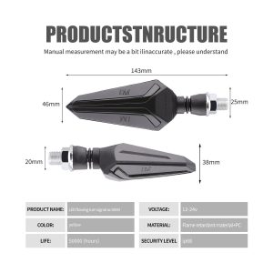 Ac 0834 Smoked Arrow Motorcycle Led Flow Turn Signal 04 Source Specification Graphic Source structure image showing dimensions, voltage, material, IP68 reference, and service-life reference.