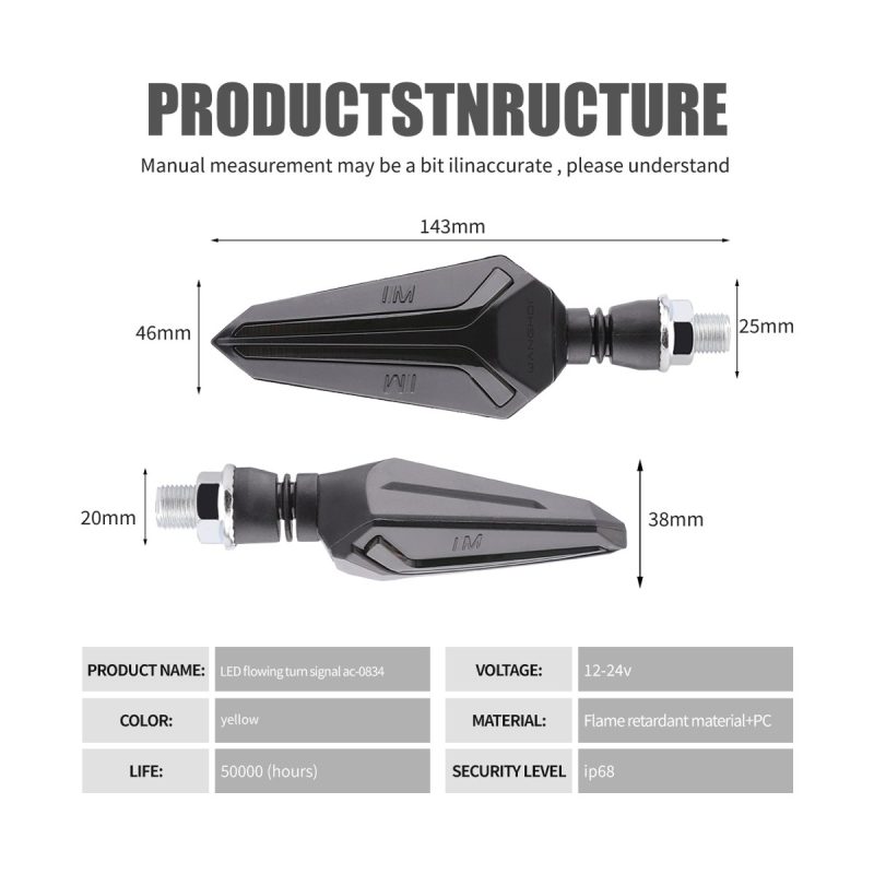 Ac 0834 Smoked Arrow Motorcycle Led Flow Turn Signal 04 Source Specification Graphic Source structure image showing dimensions, voltage, material, IP68 reference, and service-life reference.