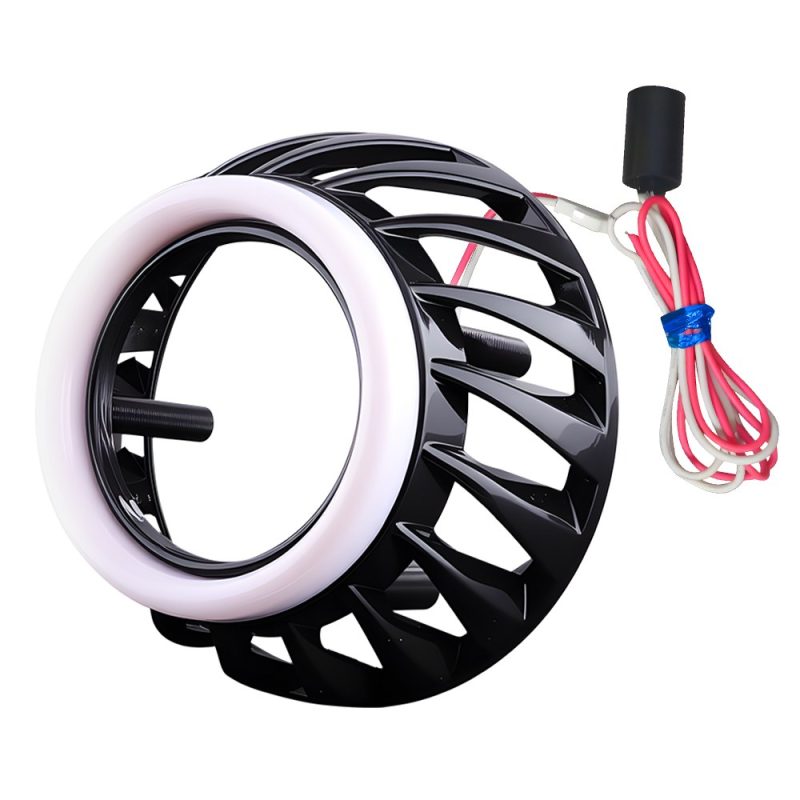 Black Circular Light Guide Rotating Angel Eye Angled View Angled product view showing the black rotating shell, light guide ring, and wiring.
