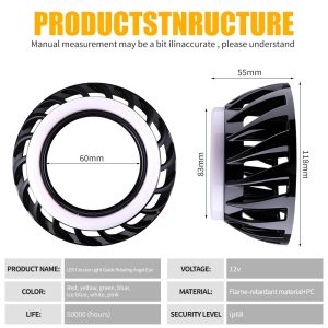 Black Circular Light Guide Rotating Angel Eye Specifications Dimensions Source specification graphic showing 12V, IP68 wording, flame-retardant material + PC, color references, 60mm inner opening, 55mm side depth, 83mm sid