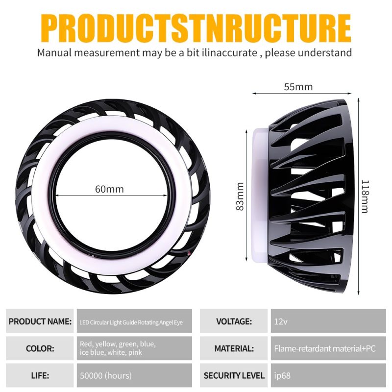 Black Circular Light Guide Rotating Angel Eye Specifications Dimensions Source specification graphic showing 12V, IP68 wording, flame-retardant material + PC, color references, 60mm inner opening, 55mm side depth, 83mm sid