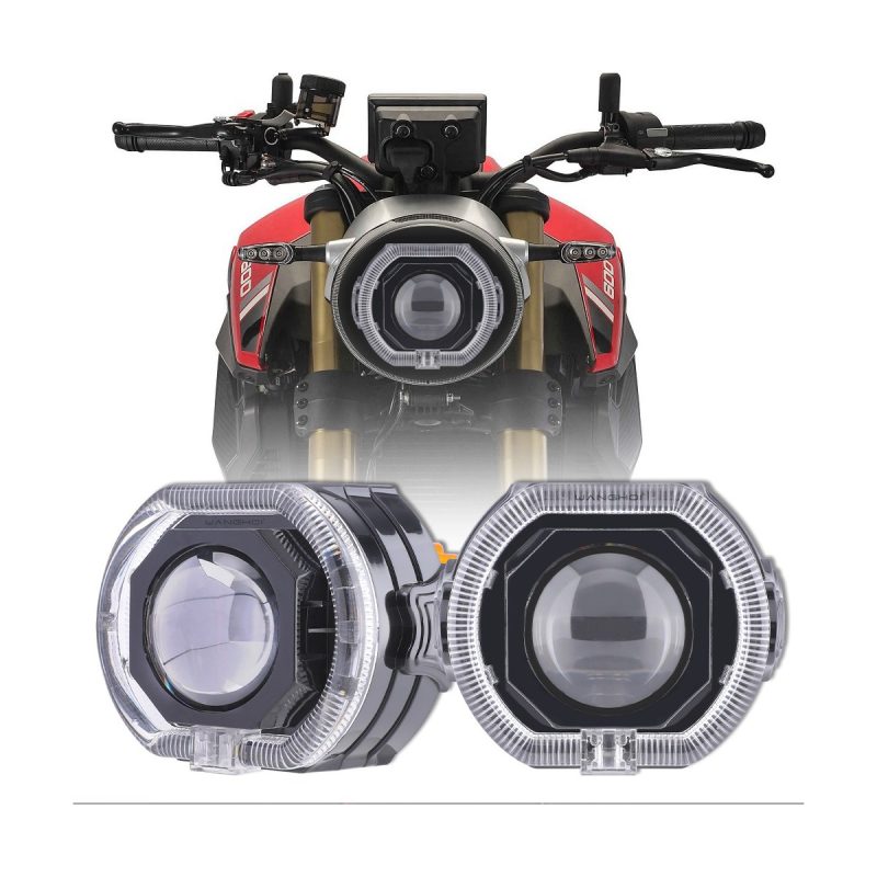 Black Led Angel Eye Projector Motorcycle Spotlight 06 Angel Main Black LED angel eye projector motorcycle spotlight front product view