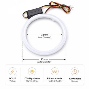 English source graphic showing 95 mm outer diameter, 78 mm inner diameter, DC12V, COB light source, silicone material, and lifespan references.
