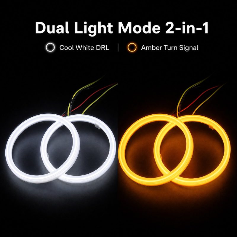 Cob Dual Color Silicone Angel Eye Dual Light Mode English light-mode graphic showing cool white DRL and amber turn-signal references.