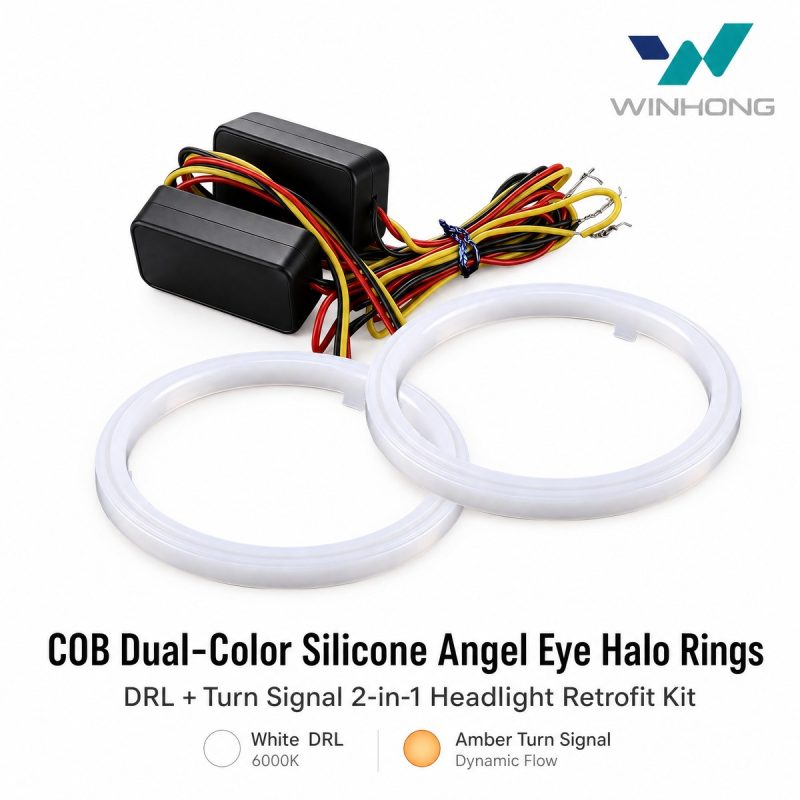 Cob Dual Color Silicone Angel Eye Product Overview English overview showing COB dual-color silicone angel eye halo rings with white DRL and amber turn-signal references.