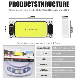 Cob In Car Reading Light Structure Specs Source parameter image showing 150 x 60 mm front size, 12-80V voltage, and 82.5g weight reference.