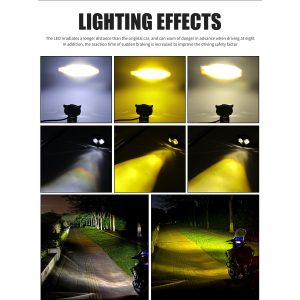 Compact Owl Led Motorcycle Spotlight Lighting Effects Lighting-effect reference showing white, yellow, and mixed output examples from the supplied image.