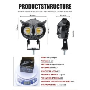 Compact Owl Led Motorcycle Spotlight Structure Specs Source structure graphic showing 8-80V, IP67, 65mm width, 70mm front height, 30mm depth, 96mm side height, and 131g references.
