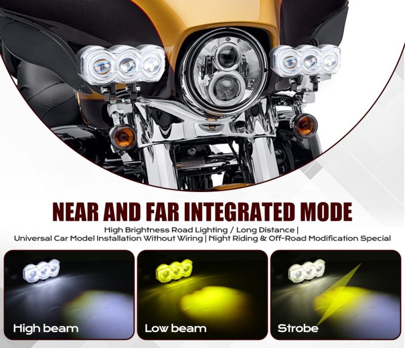 Curved Three Eye Led Projector Spotlight High Low Strobe English source image showing high beam, low beam, and strobe references.