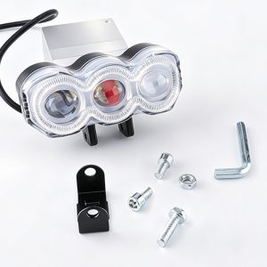 Curved Three Eye Led Projector Spotlight Kit Accessories Kit reference showing light body, bracket, screws, and hex key.