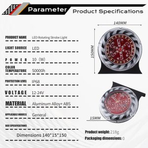 Cyclone Led Rotating Strobe Warning Light Specification Source specification graphic showing 10W, 12-24V, IP68, aluminum alloy plus ABS, and size references; confirm final model sheet.